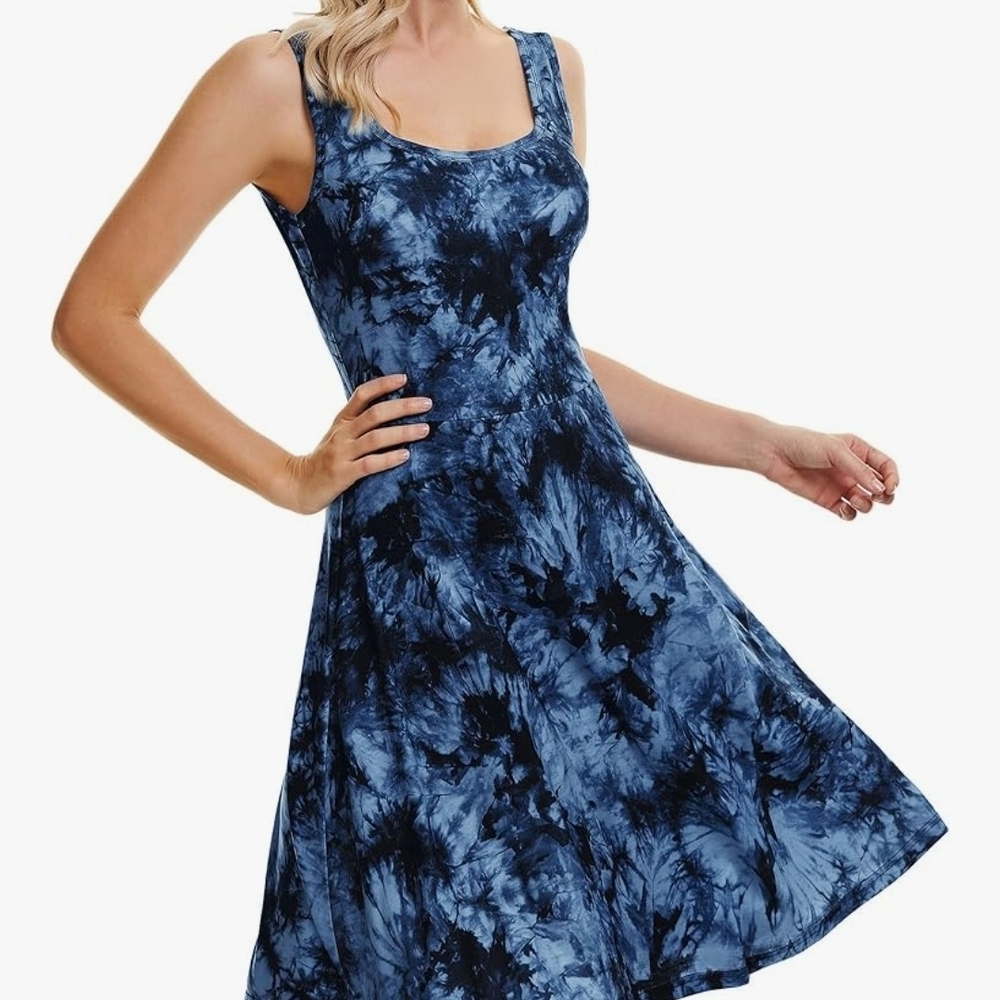 Blue Tie-Dye Scoop Neck Midi Dress